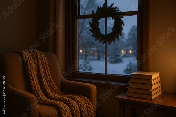 Fototapeta A cozy corner by the window at dusk . A reading chair with a caramel-colored knitted blanket, a stack of books on the windowsill, a fir wreath on the window frame, a snowy evening, warm interior light