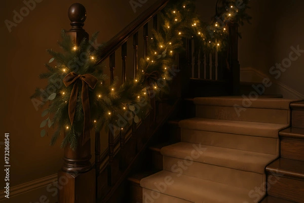 Fototapeta The staircase is decorated for Christmas. A garland of fresh pine and eucalyptus, wrapped around a dark wood railing, intertwined with warm white garlands and ribbons, and a cozy carpet on the steps.