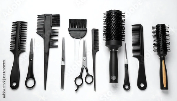 Obraz Hair styling tools and accessories neatly arranged on flat surface, including combs, scissors, spray bottle, and clips.