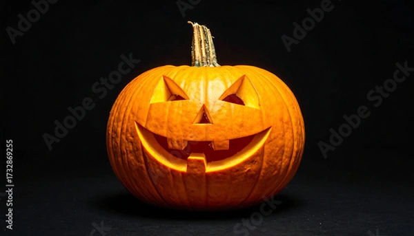 Fototapeta Carved jack-o'-lantern with triangular eyes, nose, and toothy smile on black background for Halloween decoration.