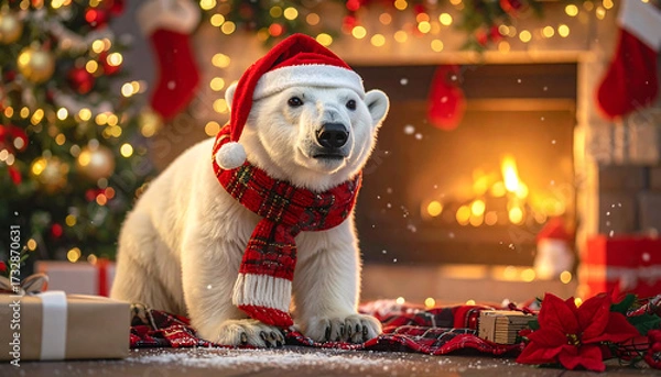 Obraz Festive polar bear in Santa hat and scarf standing before lit Christmas tree with gifts and snowy forest.