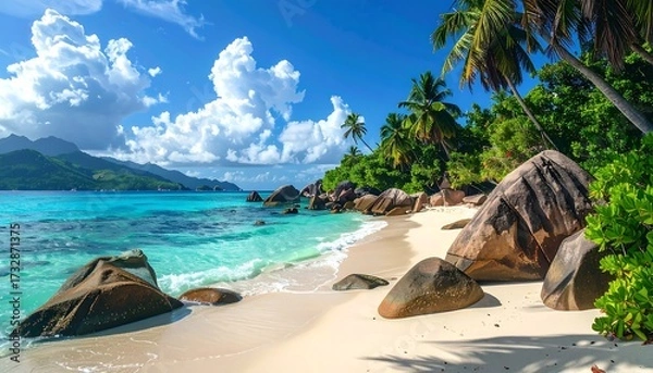 Fototapeta A tropical paradise scene, capturing a stunning beach with azure water, soft sand, palm trees, boulders, lush greenery, and fluffy white clouds