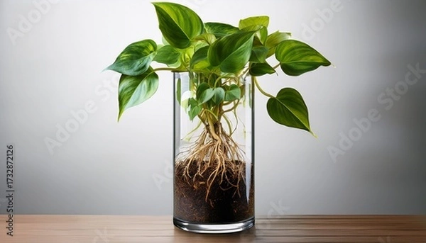 Fototapeta Green Pothos Plant In Tall Clear Glass Cylinder Vase With Visible Roots And Soil On Transparent Background