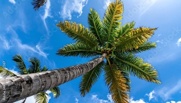 Fototapeta A tropical scene featuring a tall palm tree reaching towards a vibrant blue sky dotted with fluffy white clouds. The fronds are partially yellow