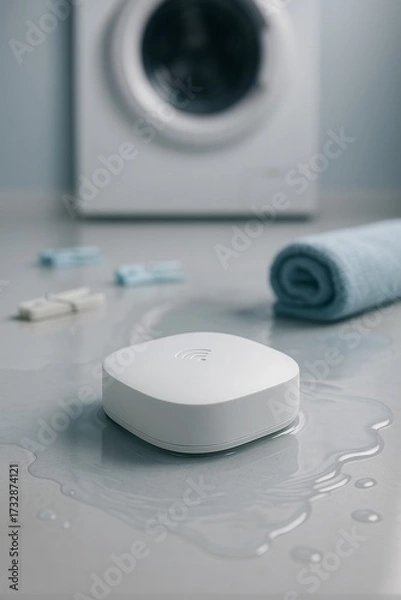 Fototapeta Hyper-realistic image of a flooded laundry room accident featuring a water leak detector