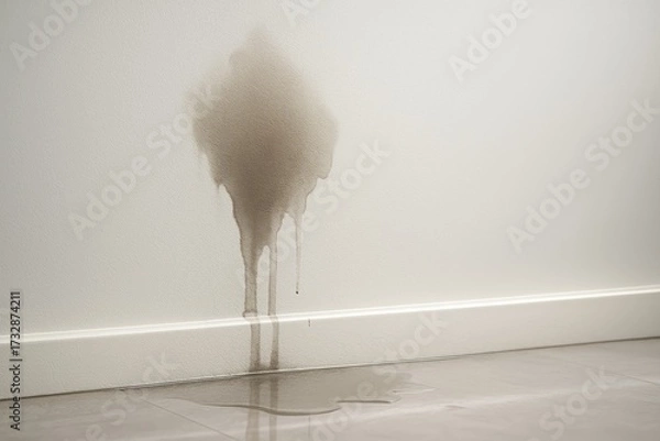 Fototapeta Hyper-realistic image of a wet stain spreading on a wall, highlighting water damage