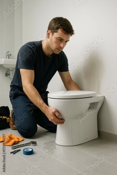 Fototapeta Hyper-realistic close-up image of a young man installing a toilet, showcasing plumbing work in a bathroom