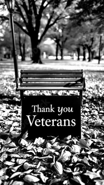 Obraz Sign honoring veterans placed on a bench surrounded by autumn leaves in a park