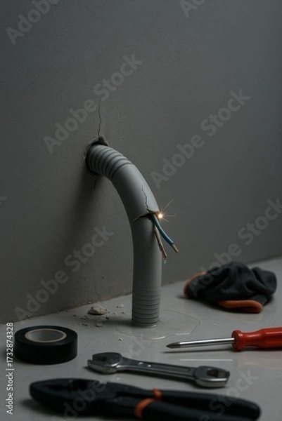 Fototapeta Hyper-realistic image of a damaged conduit pipe in a wall with sparks, depicting an emergency scenario