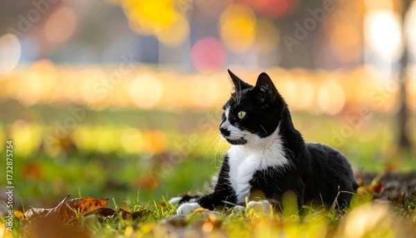 Fototapeta A tuxedo-patterned feline rests in a green grassy area, with soft sunlight and blurred background foliage. The cat gazes intently to the side, relaxed pose