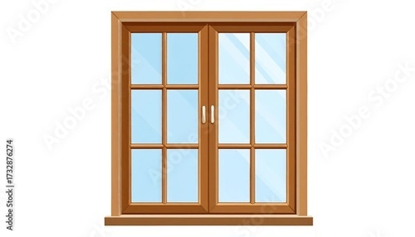 Fototapeta A two-panel wooden window illustration with a light brown frame, clear panes, and a blue sky reflection