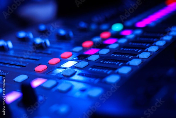 Fototapeta Concert sound mixer panel with volume regulators. Professional audio and light equipment for sound recording studio, live music broadcasting, television, party. mixing console. audio signals