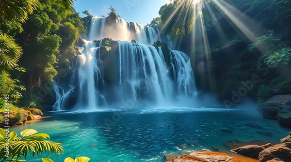 Fototapeta Majestic Jungle Waterfall with Mist and Sun Rays
