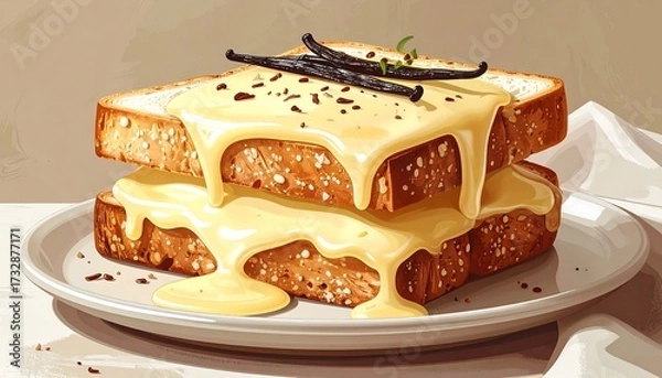 Fototapeta A two-piece toast stack, smothered in rich yellow sauce with dark flecks and vanilla bean accents, presented on a white plate