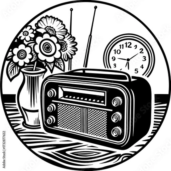 Fototapeta A classic retro vintage radio set illustration with a speaker, dial, and receiver is isolated for broadcast audio music