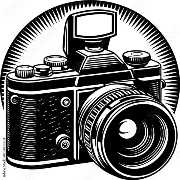Fototapeta Classic vintage film camera and lens on a white background, perfect for retro photography or an antique technology object isolated