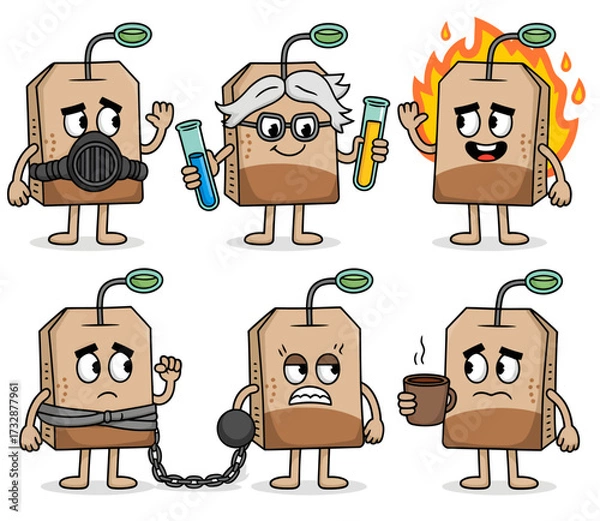 Fototapeta A collection of six cartoon tea bag characters expressing various emotions and situations.