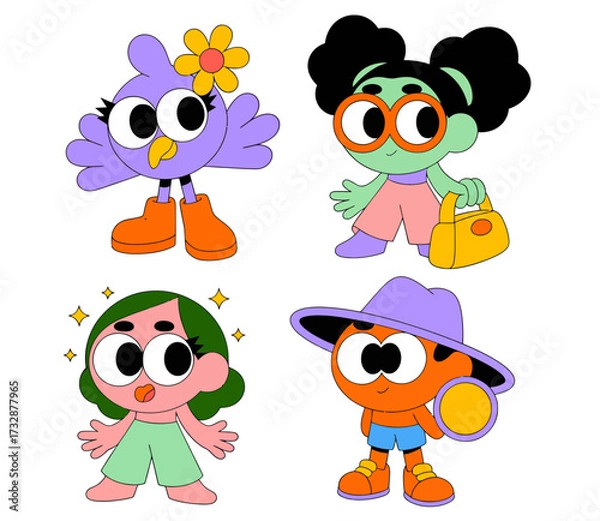 Fototapeta A vibrant collection of four modern cartoon characters in a sticker style, featuring a purple bird, a green-skinned girl, and two other whimsical figures.