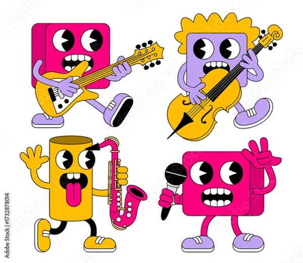 Fototapeta Cartoon band of anthropomorphic shapes playing musical instruments with expressive faces.