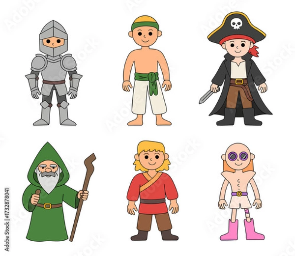 Fototapeta Cartoon characters: knight, native, pirate, wizard, peasant, and futuristic person.