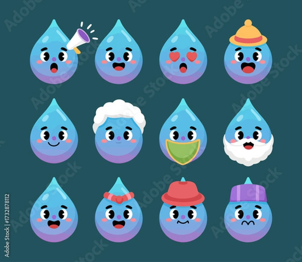 Fototapeta A collection of twelve cute cartoon water drop characters displaying various emotions and wearing different accessories.