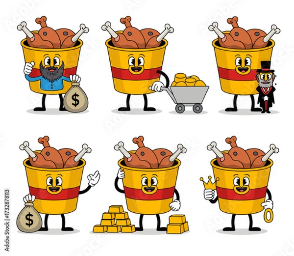 Fototapeta A collection of six cartoon buckets of fried chicken, each with unique accessories and poses, suggesting themes of wealth and success.