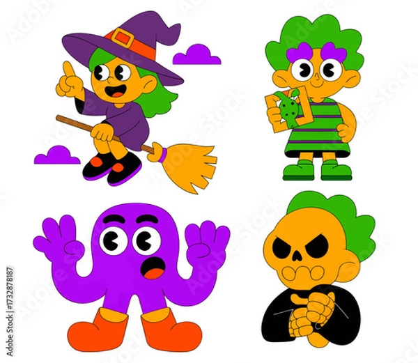 Fototapeta A vibrant set of four groovy cartoon Halloween characters including a witch, monster, and skeleton.
