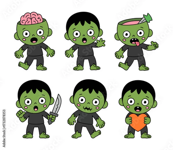 Fototapeta Cartoon zombies with various features and expressions on a white background.