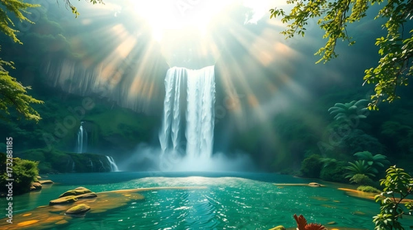 Fototapeta Majestic Jungle Waterfall with Mist and Sun Rays