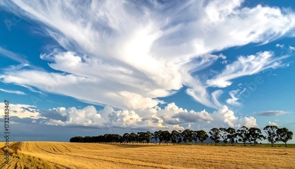 Fototapeta A vast, golden field transitions to a line of trees under a striking sky of swirling, textured white clouds