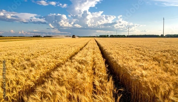Fototapeta A vast, golden wheat field bathed in warm sunlight, a combine harvester at work, and a dramatic cloudscape above