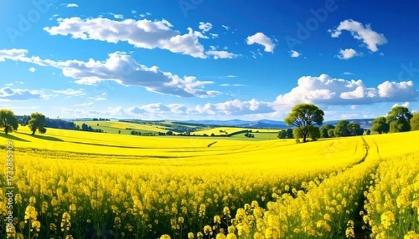 Fototapeta A vast, panoramic view of a bright yellow field under a vibrant blue sky dotted with fluffy white clouds. Rolling hills are visible