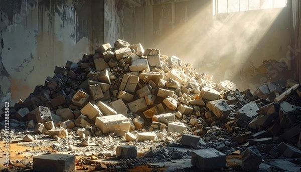 Fototapeta A vast pile of rubble fills an abandoned, dilapidated interior. Sunbeams pierce through a high window, casting a warm glow on the debris