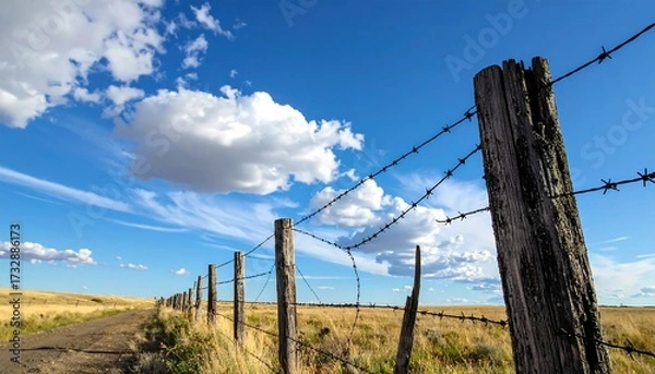 Fototapeta A vast rural scene. The weathered wooden fence with barbed wire extends into the distant flat fields under a bright, partly cloudy sky