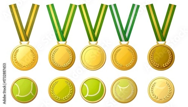 Fototapeta A vector graphic depicts various golden medals with green and yellow ribbons, some adorned with laurel wreaths, and tennis ball-themed gold medals below