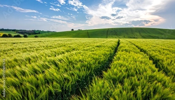 Fototapeta A vast, vibrant green wheat field under a partly cloudy sky. Tire tracks lead to a gentle rolling hill, trees dot the horizon