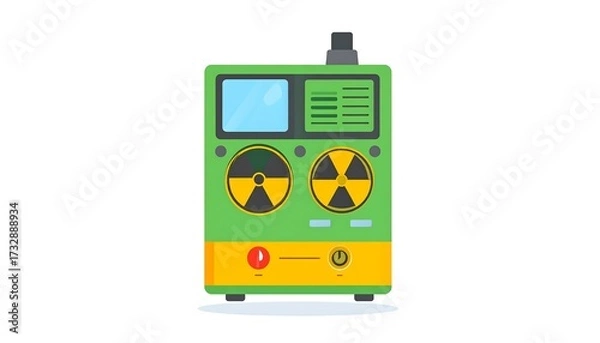 Fototapeta A vector illustration of a green and yellow radiation detector with a screen, dials, and a button. The device has a radiation symbol
