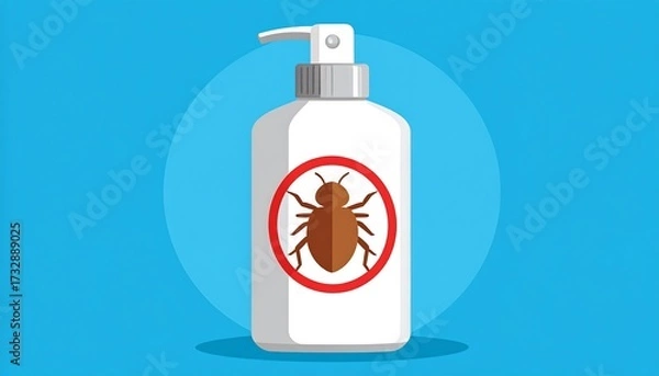 Fototapeta A vector illustration depicts a white spray bottle with a red circle containing a brown insect symbol on a bright blue background