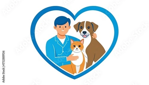 Fototapeta A vector illustration of a person in blue scrubs embracing a dog and cat within a blue heart shape, promoting care