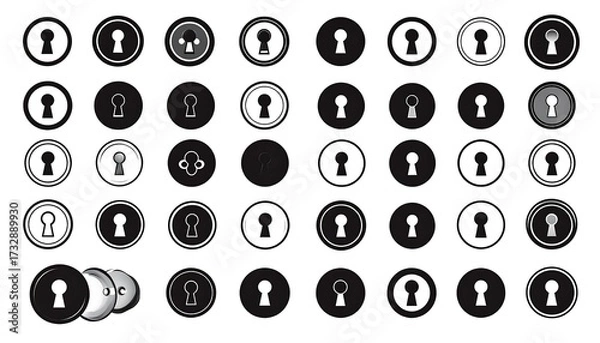 Fototapeta A vector image features a collection of keyhole icons arranged in circular frames, each with various styles, in a simple, bold layout