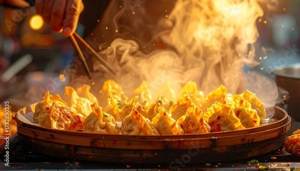 Fototapeta A vendor prepares steaming dumplings in a basket. Golden light illuminates the scene, creating a warm, inviting ambiance. Close-up on the culinary act