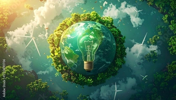 Fototapeta A verdant Earth, encircled by lush vegetation, harbors a giant glowing lightbulb. Wind turbines dot the skyline