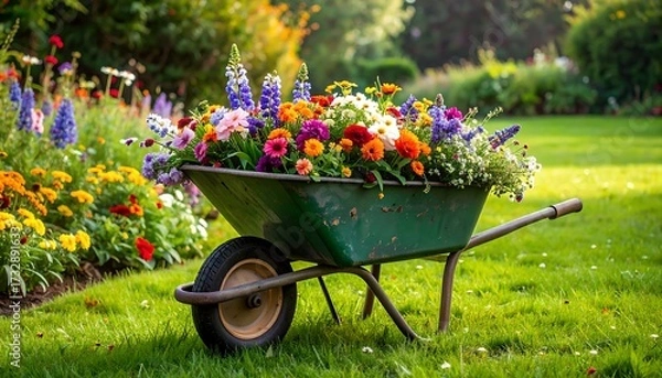 Fototapeta A verdant garden scene with a wheelbarrow overflowing with vibrant, colorful flowers. Lush greenery surrounds the scene bathed in sunlight