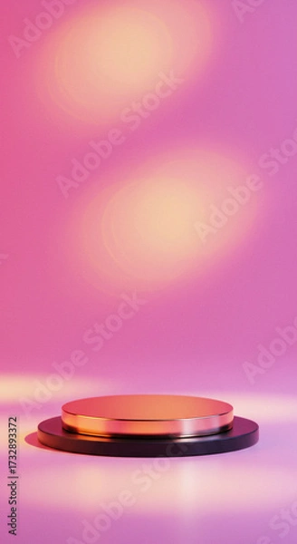 Fototapeta A rose gold product podium on a vibrant pink and yellow gradient background with soft bokeh. This dreamy and colorful scene is ideal for showcasing fun or cosmetic products.