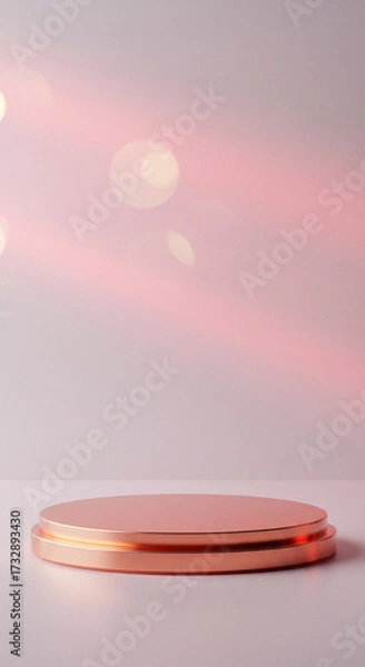 Fototapeta A rose gold podium on a white background with a vertical light streak and shadow. This clean and minimalist scene is perfect for a modern and sophisticated product display.
