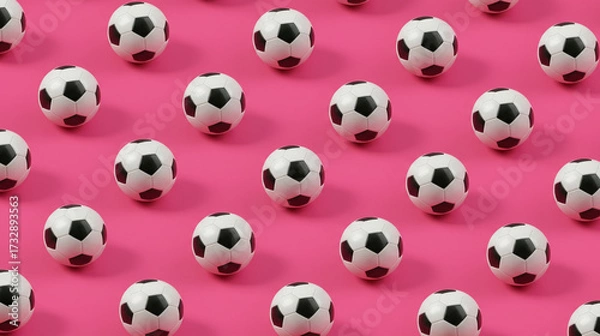 Fototapeta A repeating pattern of soccer balls on a bright pink background. This fun and vibrant image is perfect for sports-themed designs, promotions, or backgrounds.