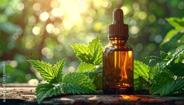 Obraz Amber bottle of herbal essence, surrounded by fresh leaves in a natural setting