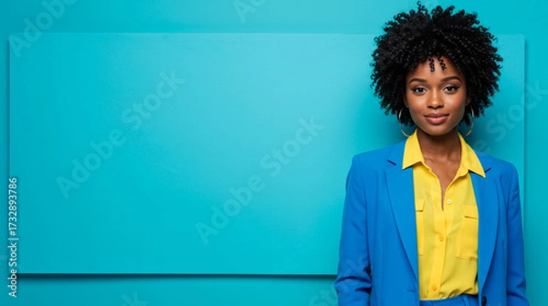 Fototapeta A stylish African American woman in a blue blazer, standing against a matching background. She is smiling and holding a blank white sign for your message.
