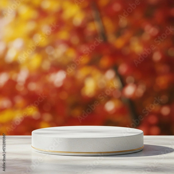Fototapeta A white podium with gold trim on a marble slab, set against a background of red and orange autumn foliage. This elegant scene is perfect for displaying premium or seasonal products.
