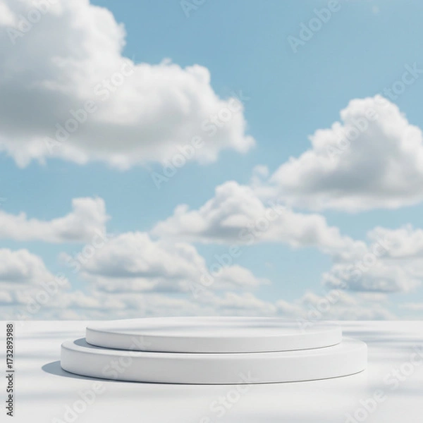 Fototapeta A two-tiered white podium set among fluffy white clouds against a blue sky. This dreamy and ethereal scene is ideal for showcasing wellness, tech, or conceptual products.
